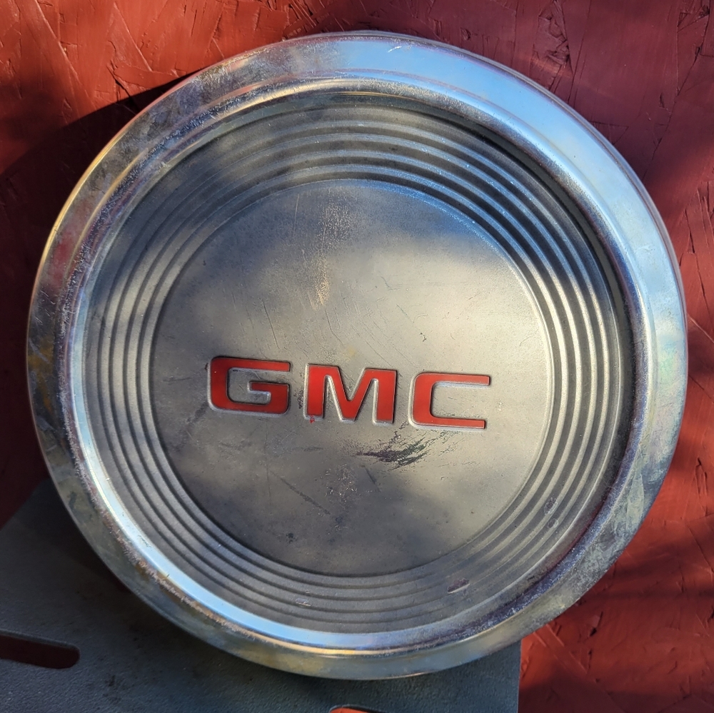 Vintage 1970s 1980s GMC Hubcap Industrial Art Repurposed gmc truck hub cap